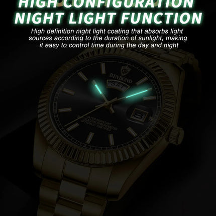 BINBOND B7012 Mens Fashion Business Sports Quartz Watch 30M Waterproof Luminous Classic Calendar Creative Clock Mens Wristwatch