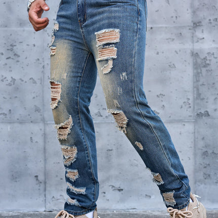 Men Denim Jeans Pants Clothing Trousers Men's Vintage Washed Ripped Straight Leg Denim Jeans