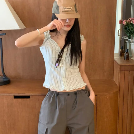 Korean Sle ort Striped Vest Women Summer Outerwear Subtle Design Single Button Lobone Trendy Age-Defng Top