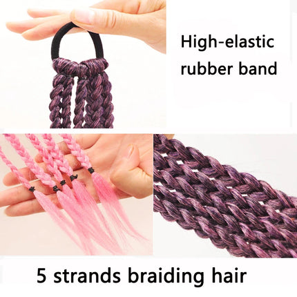 Synthetic Girls Colorful Braids Hair Extensions With Rubber Bands Rainbow Braided Ponytail Hairpieces For Kids Hair Accessories