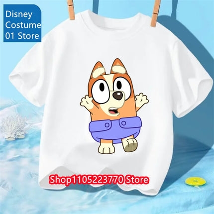 Autumn Winter Bluey Short Sleeve T-Shirt Kids Printed Top Soft Cartoon Tee Comfortable for Boys Girls