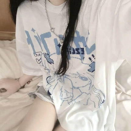 Women's Japanese Cartoon Anime Printed Cotton Short-sleeved T-shirt Harajuku Loose Half-sleeved Top Women's Summer Clothes