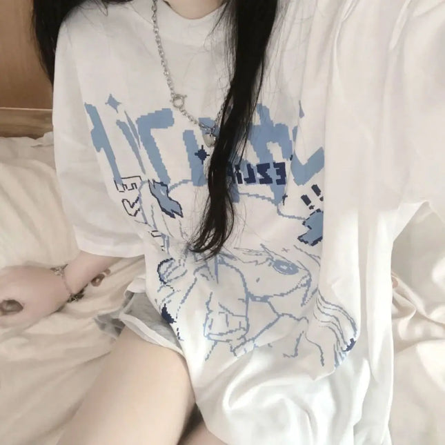 Women's Japanese Cartoon Anime Printed Cotton Short-sleeved T-shirt Harajuku Loose Half-sleeved Top Women's Summer Clothes