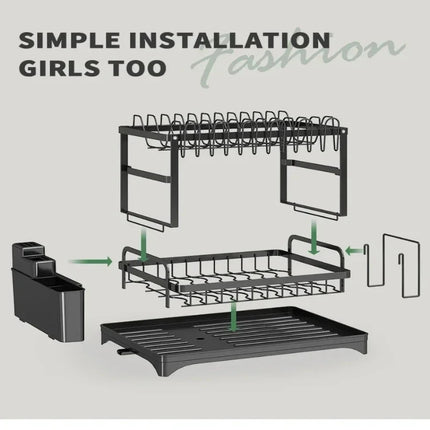 2-Tier Dish Drying Rack with Drain Tray Spout Cutlery Cup Holder Multifunctional Kitchen Countertop Storage Organizer