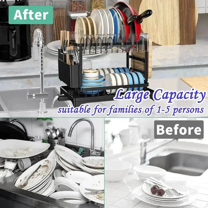 Metal 2 Tier Dish Drainer Rack Kitchen Countertop Tableware Organizer With Removable Drip Tray For Home Daily Use