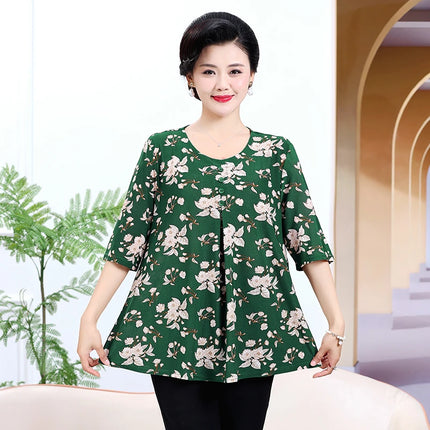 Round Necked Pleated Blouse Summer Loose T-shirt 2024 New Plus Size Shirt Flower Pattern Short Sleeved Women's Clothing