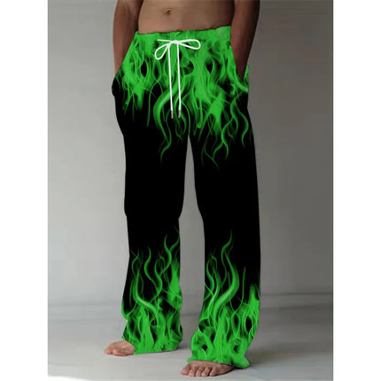 Fashion Men's Pants Casual Retro Flame Print Straight Leg Pants Summer Men'S Loose Fit Trousers With Drawstring As Gift
