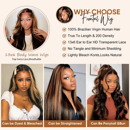 13x6 Lace Frontal Human Hair Wigs 1B/30 Highlight Ombre Black Brown Colored Preplucked 30Inch Body Wave Lace Front Wig For Women