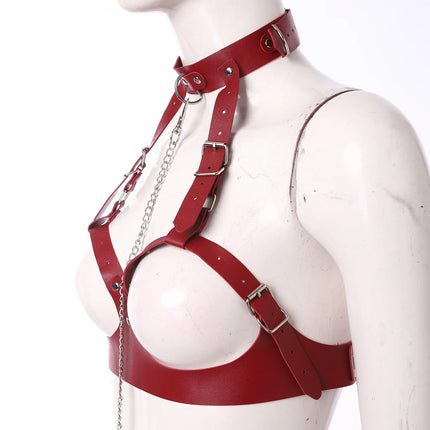 Womens Hollow Out Cup Halter Body Chest Harness with Bracelets and Metal Chain Leash Set Adult Couple Room Games Accessories
