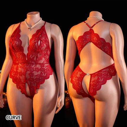 Sexy Red Crotchless Lingerie Women Lace Hollow Bra Set Transparent Erotic Costumes Deep V Open Bra Woman Plus Size Underwear Set