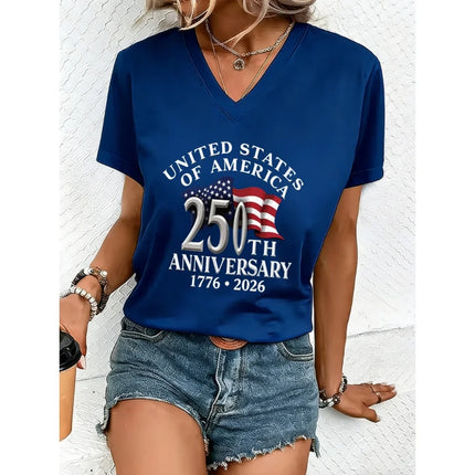 Women's T-Shirtamerican 250 Years USA 250th Anniversary Print Summer Women's Clothing Short Sleeve Shirt V-Neck Fashion Blouse