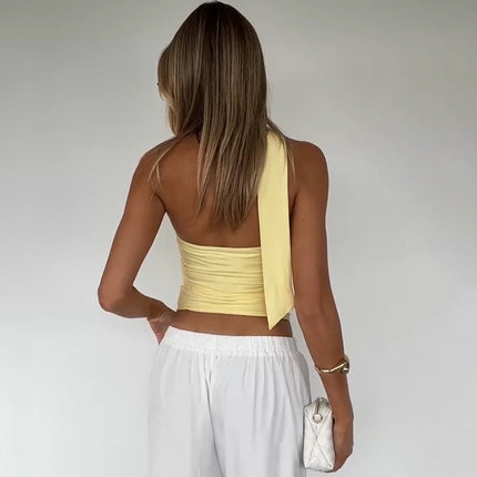 Hugcitar Women Elegant Halter Scarf Strapless Ruched Solid Sexy Slim Crop Tank Top 2025 Summer Casual Clothes Streetwear Party
