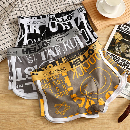 3PCS/Pack 100% Cotton Breathable Big U Crotch Mens Underwear Trendy Print Underpants High Elastic Waist Men's Panties Boxers
