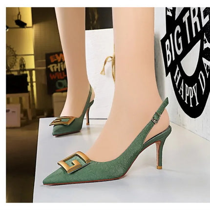 2024 Autumn Women Soft Leather Slingback Shoes Thin High Heels Office Dress Fashion Hollow Pointy Toe Gentle Sandals 8999-5