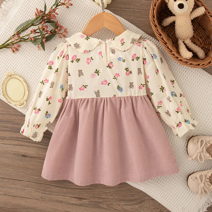 9 Months -4 Years Old Spring And Autumn New Floral Long Sleeved Baby Girl Dress, Sweet Bow Children'S Clothing