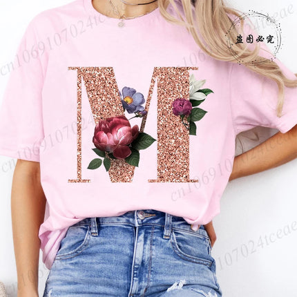 T Shirt for Women Clothing Summer Short Sleeve Tee shirts Rose Gold Letter A~Z Printed Graphic Tops Female T-Shirts Clothing