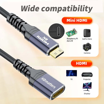 8K Mini HDMI to HDMI Cable Adapter Braided Mini HDMI 2.1 to HDMI Cable Bi-direction Mini HDMI to HDMI 8K adapter Cable
