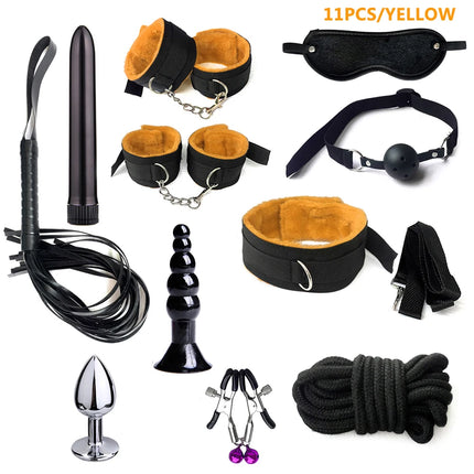 BDSM Sex Kits Bdsm Bondage Adults Sex Toys For Women Men Handcuffs Nipple Clamps Whip Spanking Sex Metal Anal Plug Vibrator Butt