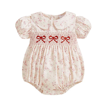 0-18M Infant Baby Girls Bowknot Embroidered Rompers Lovely Floral Print Doll Collar Short Sleeve Bubble Jumpsuits for Newborn