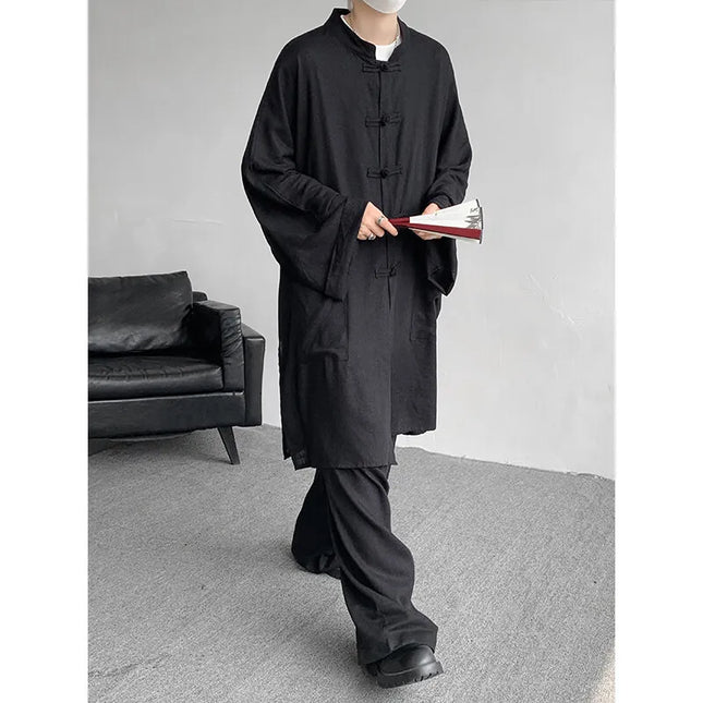 New Chinese Style Men's Shirt and Pants Set Retro Spring Autumn Youth Chinese Style Clothing Polyester Fiber Machine Washable
