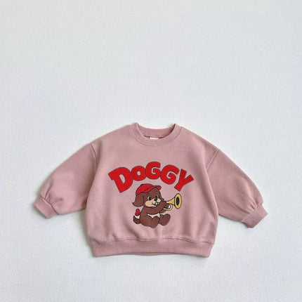 Lovely Tops Baby Boys Solid Color Long Sleeve Cartoon Little Dog Print Hoodie Beige Pink Clothing Child New 2025 Autumn Popular
