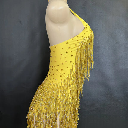 Sparkly Rhinestones Fringe Bodysuit Women Nightclub Party Dance Costume Stage Wear Sexy Tassel Leotard Performance Clothing 7G