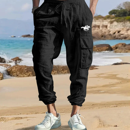 Men's Cotton Linen Blend Cargo Jogger Pants, Elastic Waist Drawstring Trousers with Side Pockets for Summer Casual Daily Outdoor