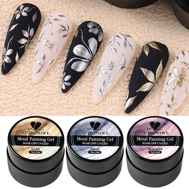 5ml Mirror Chrome Nail Painting Gel Polish, Gold Silver Metallic Drawing French Tips Spider Liner Gel Nail UV Gel Polish Varnish