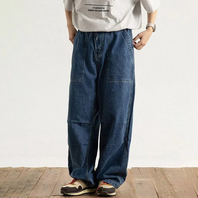 Spring And Autumn Japanese Style Oversized Straight Leg Jeans Loose Drawstring Workwear Pants Wide Leg Pants  Men'S Pants