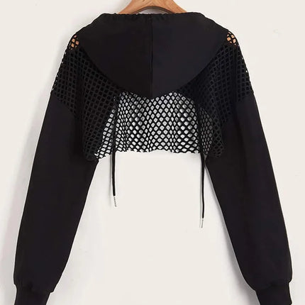 Street Sport Drop Shoulder Drawstring Hollow Out Super Crop Sports Hoodie Without Cami Top