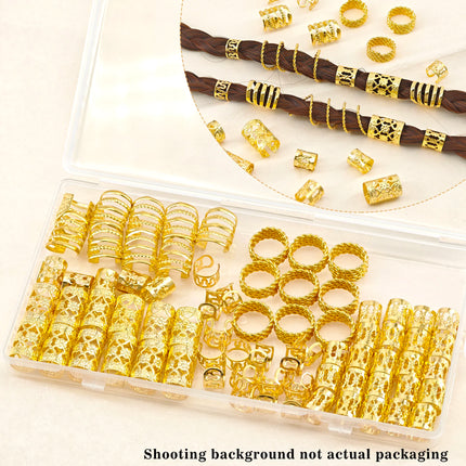 110 Pcs Gold Hair Rings for Braids and Dreadlocks - Metal Rings, Cuffs, Clips Accessory Decorations - Golden Yellow