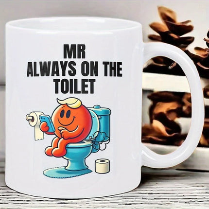 Funny "Mr. Always Going to the Toilet" 11 oz Ceramic Mug - Novelty Coffee Mug with Orange Character Design, Hand Washable