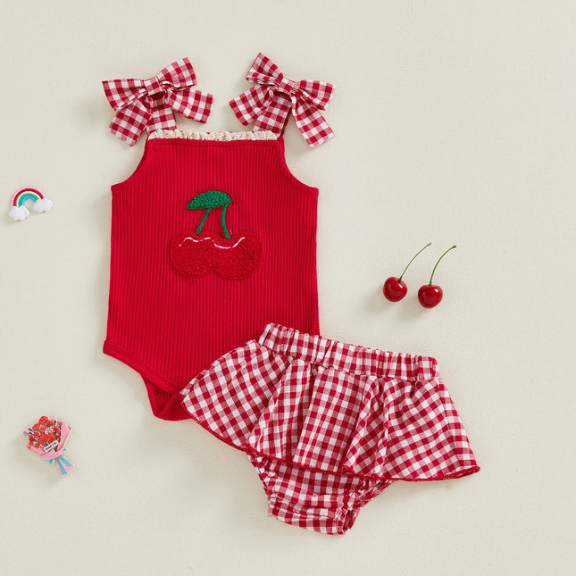 Newborn Baby Girl Summer Outfits Plaid Cherry Patch Embroidery Tie Shoulder Sleeveless Romper and A Line Skirt 2 Pcs Set