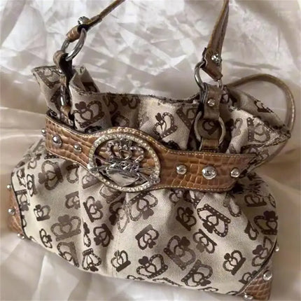 Luxury Women Rivet Handbag,Y2k Girls Metal Studded Underarm Shoulder Bag,Niche Belt Buckle Commuter Chic East-West Tote Bag