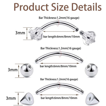 1-9PCS Golden Eyebrow Stud Rings Piercing Jewelry Rook Surgical Steel Silvery CZ Tiny Labret Lip Navel Belly Helix Tragus 16G
