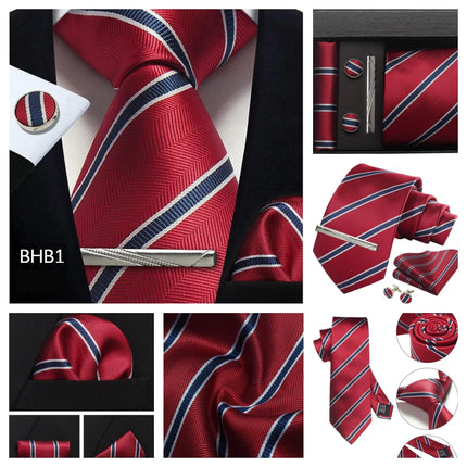 Classic 100% Silk Men's Ties In Gift box 8cm Plaid Dot Striped Business Necktie Handkerchief Cufflinks Wedding Party Tie Set