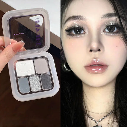 5-Color Punk Smokey Eye Makeup Eyeshadow Palette Silvery White Cement Gray Dark Black Matte & Shimmer Lasting Party Makeup