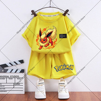 2pcs Pokemons Short-sleeved Shorts Summer Thin Waffle Clothes Suit Cartoon Anime Gengar Charmander Print Clothing Birthday Gift