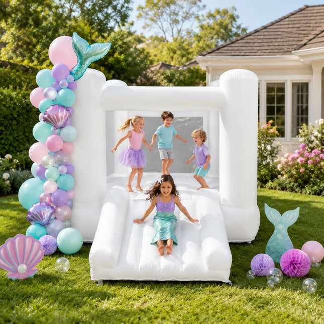 Large Family Size 12FT Inflatable White Bounce House Oxford Bouncy Castle with round Top And Wide Slide for Indoor Outdoor Parties Kids Adults Weddings Birthday Events