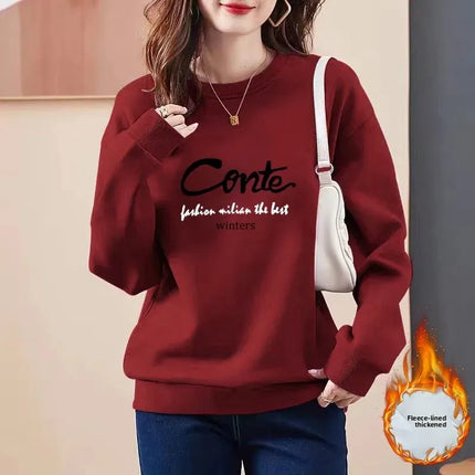 Thickened Fleece Women's Sweatshirt All-Match Comfortable One-Piece Velvet Winter Fashionable Cotton round Neck Printed Top