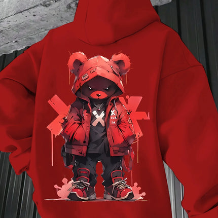 Men's Black OG Bear Graphic Hoodie with Red X Design and Drip Effect, Streetwear Pullover for Urban Fashion