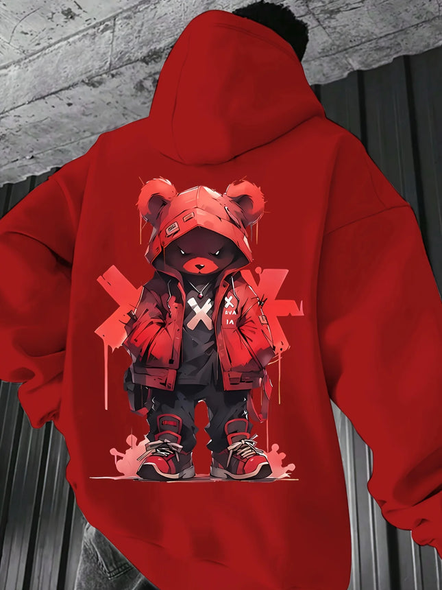 Men's Black OG Bear Graphic Hoodie with Red X Design and Drip Effect, Streetwear Pullover for Urban Fashion