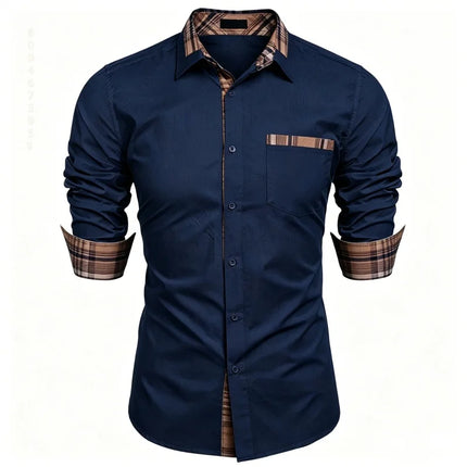 Men's shirt checkered contrasting long sleeved shirt, business casual button up shirt, personalized and trendy men's clothing