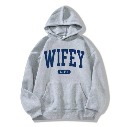 Wifey Life Graphic Hoody Pocket Drawstring Spring Winter Cozy Hoodie Fashion Men Women Grey Sweater Long Sleeved Casual Tops
