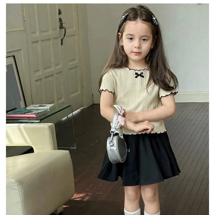 Girls' Ice Silk T-shirt Korean Style Short Sleeve Tops Children's Clothes 2025 Girl Summer Teen Kids Bow Round Neck Solid Tops