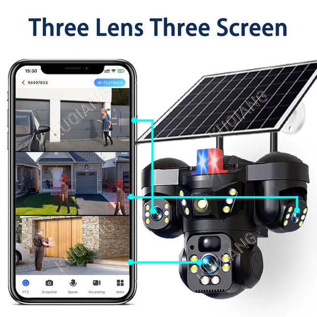 V380 Three Lens Three Screens 15MP 4G Solar Camera Outdoor WiFi 10X Digital Zoom Waterproof Auto Tracking Security CCTV Cameras