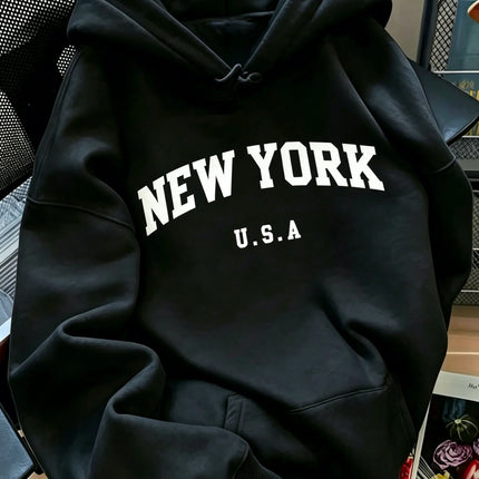 Men Women New York USA Graphic Hoodie  Loose Sweatshirt Vintage Streetwear Casual Soft Fleece Hooded Pullover Autumn Daily Wear