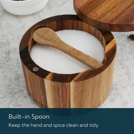 Acacia Wood Salt and Pepper Bowl Box with Lid and Spoon Acacia Salt Cellar with 360° Swivel Lid Spice Seasoning Container JT509
