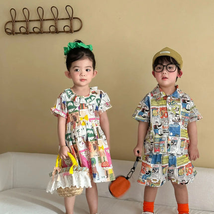 RAISE Children Summer Shirts Outfits Boys Vacation Suit 2026 Kids Girls Print Dress Brother Sister Outfits Siblings Matching Set