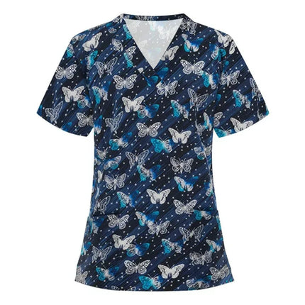 Womens T-Shirts Medical Nursing Uniform Clinical Uniform Woman V-Neck Short Sleeve T Shirt Tops With Pocket Women's Clothing